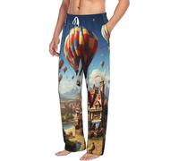 Pantalones de pijama para hombre, ropa de dormir con globo aerostático volando sobre el techo, pantalones de dormir con bolsillos, pantalones casuales de pijama, Negro, XXX-Large