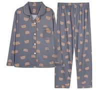 Pantalones de pijama para mujer ancho pijama mujer invierno manga larga gran tamaño conjunto con bolsillos y botón alto a rayas Pijamas casual ropa de dormir manga larga, Dark Gray, XL