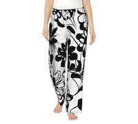 Pantalones de pijama térmicos suaves y acogedores con estampado de flores blancas y negras para mujer, ropa de dormir para el invierno, Negro, XL