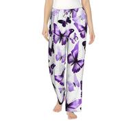 Pantalones de pijama térmicos suaves y acogedores con estampado de mariposas blancas y moradas para mujer, ropa de dormir para el invierno, Negro, S