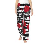 Pantalones de pijama térmicos suaves y acogedores con estampado de rosas rojas y negras y blancas para mujer, Negro, S