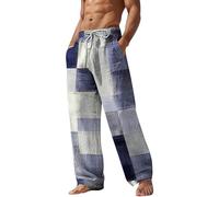 Pantalones de playa de lino para hombre, pantalones de yoga hawaianos con cordón de colores con estampado novedoso, cintura elástica, pantalones de pierna recta de verano, ajuste holgado, pantalones