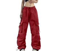 Pantalones de tiempo libre para mujer, de verano, cargo de paracaídas, holgados, con bolsillo, estilo callejero, Rojo sandía, S