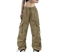 Pantalones de tiempo libre para mujer, de verano, cargo de paracaídas, holgados, con bolsillo, estilo callejero, caqui, S