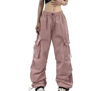 Pantalones de tiempo libre para mujer, de verano, cargo de paracaídas, holgados, con bolsillo, estilo callejero, Rosa., S