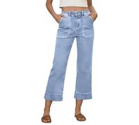 Pantalones de tobillo genéricos para mujer 7/8 de cintura alta bolsillos grandes de parche delantero cierre de botón pierna recta ligeramente ancha costuras aparentes amplias ciudades fin diario, 01