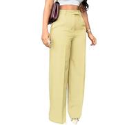 Pantalones de trabajo de cintura alta para mujer, pantalones de pierna ancha, elegantes pantalones casuales de negocios con bolsillos para uso en la oficina, amarillo, M