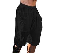 Pantalones de verano con bolsillos para hombre, pantalones de lino 3/4, holgados, ligeros, boho para hombre, pantalones cortos con cordones, pirata vikingo, disfraz medieval, B negro., XXL