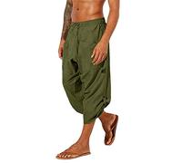 Pantalones de verano con bolsillos para hombre, pantalones de lino 3/4, holgados, ligeros, boho para hombre, pantalones cortos con cordones, pirata vikingo, disfraz medieval, A-3 verde., L