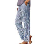 Pantalones de verano de lino y algodón para mujer, con estampado de moda, cintura elástica, pantalones de descanso de pierna recta, holgados, pantalones largos de playa con bolsillos, ligeros y