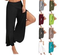Pantalones de verano para mujer 2025, de pierna ancha, con abertura alta, estilo Palazzo, sueltas, ligeras, para yoga, danza, tallas grandes, Negro, L
