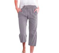 Pantalones de verano para mujer, pantalones 3/4 para mujer, talla grande, con cordón elástico, bolsillo lateral, ropa de calle, pierna recta, pantalones para exteriores, color sólido, cintura alta