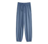 Pantalones de yoga de algodón para mujer con bolsillos, pantalones exteriores para mujer, pantalones azules con raya roja, joggers de algodón fino para mujer de cintura alta, pantalones cortos de