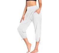 Pantalones de yoga para mujer, tallas grandes, pantalones harén para mujer, pantalones cortos 3/4, elásticos, pantalones piratas de cintura alta, pantalones bombachos con cordón, pantalones de tela
