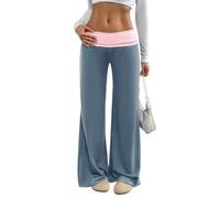 Pantalones de yoga plegables para mujer, con bloques de color de contraste, tiro bajo, pierna ancha, pantalones deportivos casuales Y2k plegables para descansar, azul, L