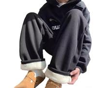 Pantalones deportivos con forro polar para hombre, pantalones casuales gruesos y cálidos, pantalones sueltos de pierna recta, pantalones deportivos de color sólido para clima frío, negro y gris (M