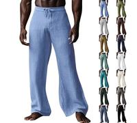 Pantalones elásticos de lino para hombre, pantalones de yoga de lino para hombre, pantalones casuales de ajuste holgado con cintura elástica con cordón, pantalones sólidos transpirables, pantalones de