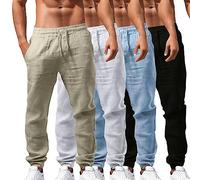 Pantalones Elásticos para Hombre con Cordones Pantalones Sueltos Pantalone de Algodón y Lino Transpirables Color Liso Casuales Ropa Hombre de Verano y Otoño