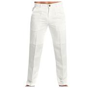 Pantalones elegantes para hombre, casual, de trabajo, rectos, pantalones Everpress, elásticos, cómodos, con pliegues, chino, para golf, pantalones largos de algodón y lino, Color blanco., L