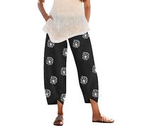 Pantalones Flowers Pantalones de piernas Girdle Print Cintura Casual Elastic Mujeres Lady Pantalones Anchos (Black, S)