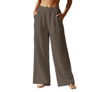 Pantalones Fluidos Mujer Algodón Lino Verano De Talle Alto Ligero De Pierna Ancho Chic Y Elegant Elástico Amplio Pantalones De Trabajo Rectos Pantalones Largo Con Bolsillos Yoga, marrón, S