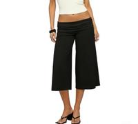 Pantalones gaucho de talle bajo para mujer, cintura plegable, holgados, pierna ancha, capris para verano, playa, vacaciones, pantalones ligeros y transpirables (negro S)