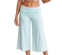 Pantalones gaucho para mujer, cintura plegable, pierna ancha, pantalones capri fluidos, color sólido, verano, playa, vacaciones, descanso, elástico, medio, azul (azul claro)