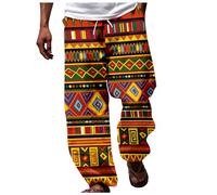 Pantalones Harem Hombre Thai Pant House Pantalones Playa Caballo Profundo Baggy Hippie Ropa Estilo Boho de Casa Pijama Flores Geométrico Africano, Orange 10, XXL