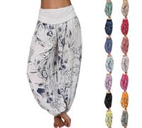 Pantalones harén para mujer, pantalones cortos para verano del Reino Unido, pantalones bohemios con estampado floral, cómodos, pantalones de pierna ancha, pantalones sueltos de moda, pantalones de