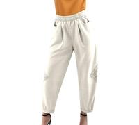 Pantalones harén recortados de Talla Grande con Parche de Encaje y Lino para Mujer, Estilo literario Nuevo (Beige, XXXL)