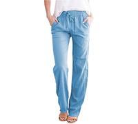 Pantalones holgados casuales de pierna ancha, pantalones de lino de algodón sólido para mujer, pantalones deportivos de tiro bajo, pantalones de chándal de pierna recta, pantalones elásticos con