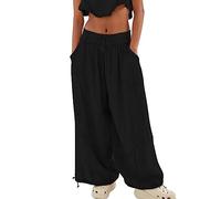 Pantalones Holgados de Algodón y Lino para Mujer Cintura Elástica Relax Fit Linterna Pantalones Pantalones de Verano Flojos de la Playa del Harén (Color : Black, Size : L)