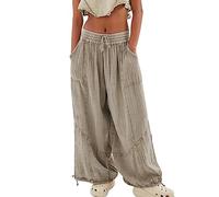 Pantalones Holgados de Algodón y Lino para Mujer Cintura Elástica Relax Fit Linterna Pantalones Pantalones de Verano Flojos de la Playa del Harén (Color : Gray, Size : S)