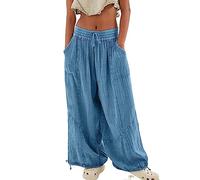 Pantalones Holgados de Algodón y Lino para Mujer Cintura Elástica Relax Fit Linterna Pantalones Pantalones de Verano Flojos de la Playa del Harén (Color : Blue, Size : S)
