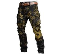 Pantalones Hombre Cargo de mitología nórdica con múltiples Bolsillos y Estampado, Estilo Casual Urbano y cómodos. (Gold, XXL)