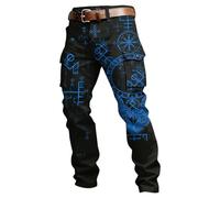 Pantalones Hombre Cargo de mitología nórdica con múltiples Bolsillos y Estampado, Estilo Casual Urbano y cómodos. (Blue, XL)