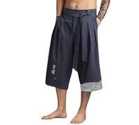 Pantalones japoneses de hombre corto de lino, pantalones tradicionales taro con cordón de ajuste, ropa auténtica Pantacourt japonesa, azul marino, L
