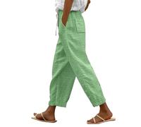 Pantalones Largos de Lino para Mujer Cintura Alta Bolsillos Holgados Transpirables Primavera Verano Playa Casuales (Green, S) #1891