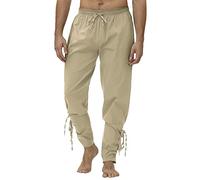 Pantalones medievales de lino para hombre, pantalones de pirata, vikingo, disfraz renacentista, con cordón, cintura elástica, sudaderas para festival, actuación, entrenamiento, caqui, L