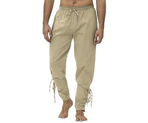 Pantalones medievales de lino para hombre, pantalones de pirata, vikingo, disfraz renacentista, con cordón, cintura elástica, sudaderas para festival, actuación, entrenamiento, caqui, L