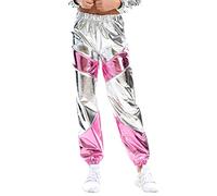 Pantalones metálicos brillantes para mujer, aspecto mojado, pantalones de deporte, holograma, hip hop, pantalones de chándal, pantalones de baile, fiestas, discotecas, clubwear, Plateado, rosa, M