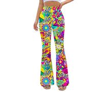 Pantalones Mujer Acampanados - Ropa Hippie Mujer Comodo Trajes Rave Festival Cintura Alta Campana Elástica Pierna Ancha Pantalon Casual Fiesta(PsychedelicPeace,L,10503w)