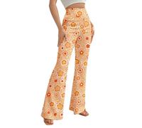 Pantalones Mujer Acampanados - Ropa Hippie Mujer Comodo Trajes Rave Festival Cintura Alta Campana Elástica Pierna Ancha Pantalon Casual Fiesta(Orange,L,1050w)