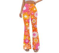 Pantalones Mujer Acampanados - Ropa Hippie Mujer Comodo Trajes Rave Festival Cintura Alta Campana Elástica Pierna Ancha Pantalon Casual Fiesta(DaisyOrange,L,10502w)