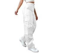 Pantalones Mujer Cargo Y2K Gran Tamaño Pant Multibolsillos Cremallera Vintage Pantalones Mujer Vacaciones Al Aire Libre Elástico Ropa De Verano Streetwear Exterior, blanco, XXXXL