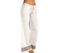 Pantalones Mujer Verano,Pantalones de Trabajo Mujer,Cotton and Linen Embroidered Wide Leg Pants For Women Spring and Summer Loose High Waist Straight Casual Pants (White, XXXL)