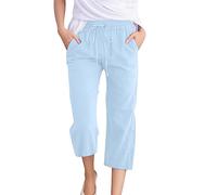 Pantalones Mujer Verano Rectos Lino de Algodón Cintura Alta Elástica con Cordón Pantalones Capri Ligeros Casual 3/4 Pantalón con Bolsillos para Playa (Light Blue, XL)