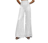 Pantalones palazzo con lentejuelas y cintura alta y pierna ancha para mujer, pantalones largos sueltos, casuales, holgados, para fiesta, pantalones brillantes, blanco, XXL