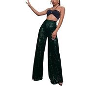 Pantalones palazzo de pierna ancha con lentejuelas y lentejuelas para mujer, elásticos, casuales, sueltos, largos, acampanados, para discoteca, verde oscuro, XXL
