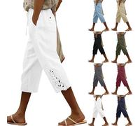 Pantalones Pirata Mujer Lino Verano Frescos Cómodo Elásticos Pantalón Deportivo 3/4 Shorts Respirable Pantalones con Palazzo Bolsillos Capris Pantalones Cortos de Algodón y Lino